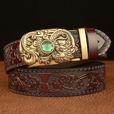 Men's Engraved Dragon Gemstone Leather Belt