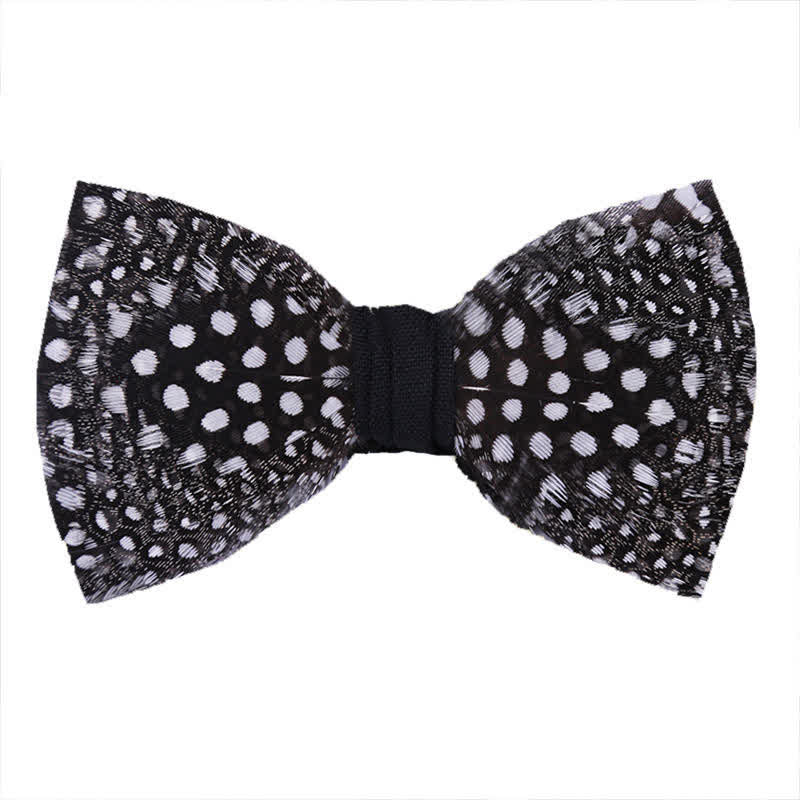 Black & White Polka Dotted Feather Bow Tie with Lapel Pin