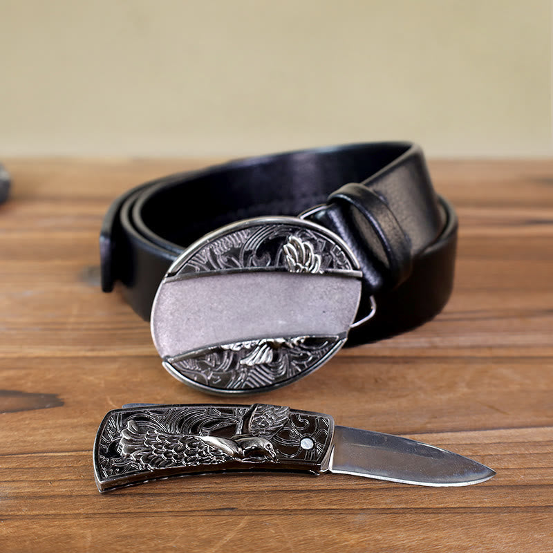 Classic Soaring Eagle Leather Belt With Folding Knife