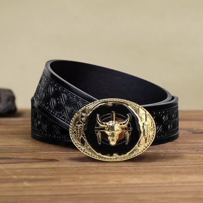 Men's DIY Gold Black Bull Head Buckle Leather Belt