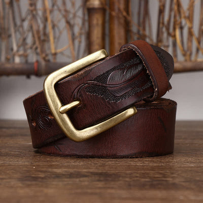 Men's Embossed Feather Pattern Pure Leather Belt