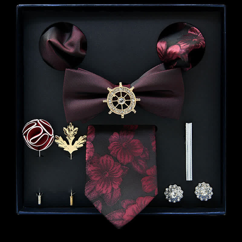 8Pcs Burgundy&Black Floral Casual Necktie Bow Ties Gift Box