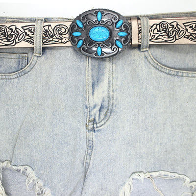 Floral Pattern Turquoise Stone Inlaid Leather Belt