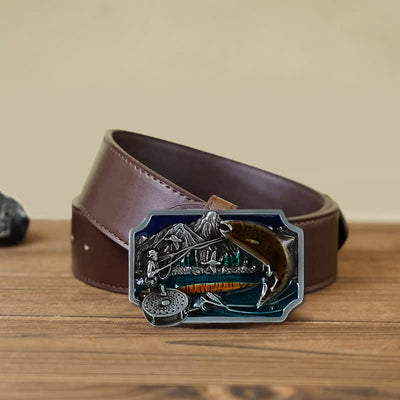 Men's DIY Fishing Enamel Rectangle Buckle Leather Belt