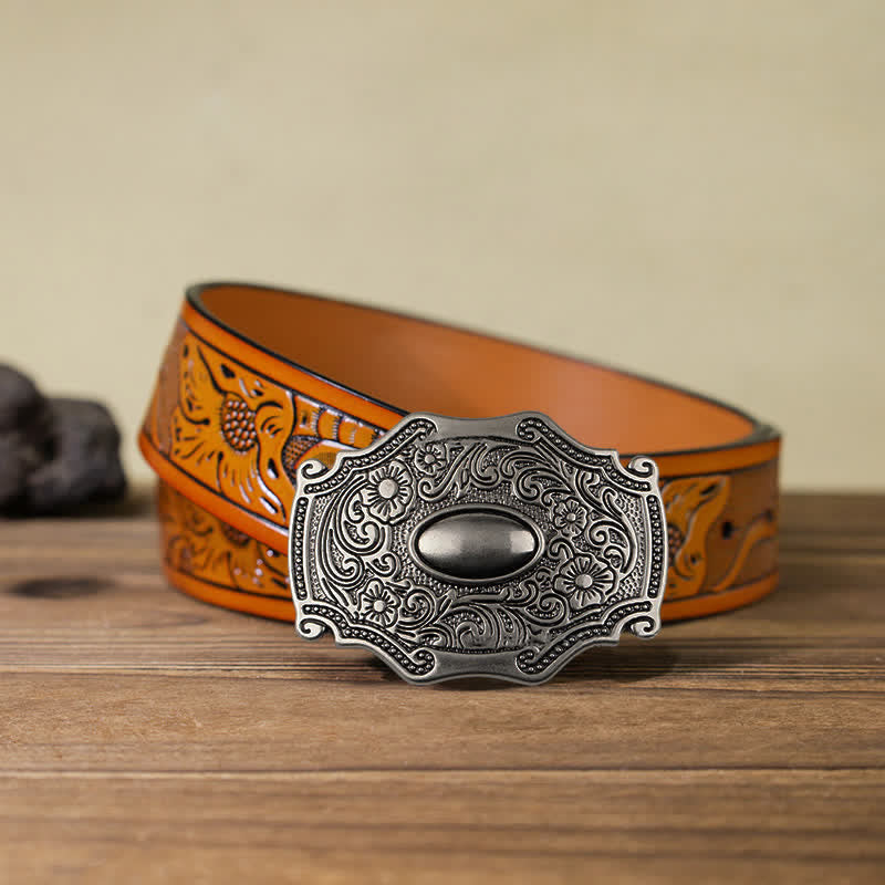 Men's DIY Engraved Floral Decor Buckle Leather Belt