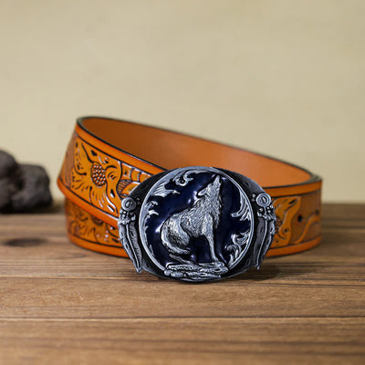 Men's DIY Enamel Domineering Howling Wolf Buckle Leather Belt