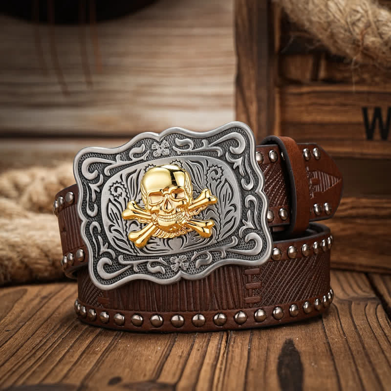 Men's Punk Skull Buckle Rivet Studded Leather Belt