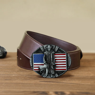Men's DIY American Flag Cowboy Buckle Leather Belt