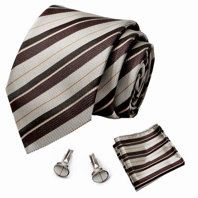 3Pcs Men's Champagne & Coffee Striped Necktie Set
