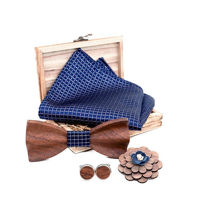 4Pcs Men's Black Walnut Wooden Bow Tie Set