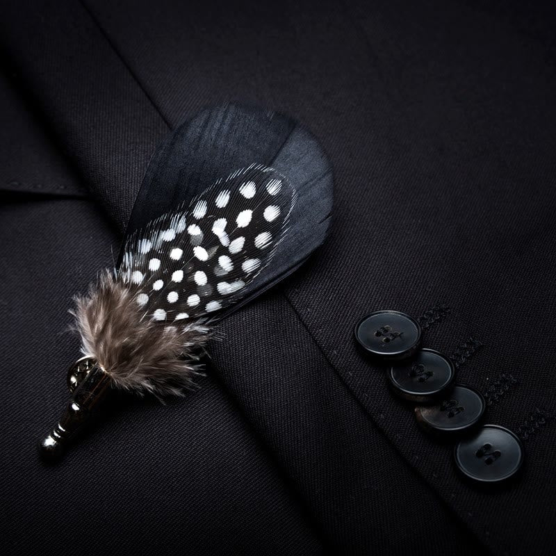 Black & White Dots Feather Bow Tie with Lapel Pin