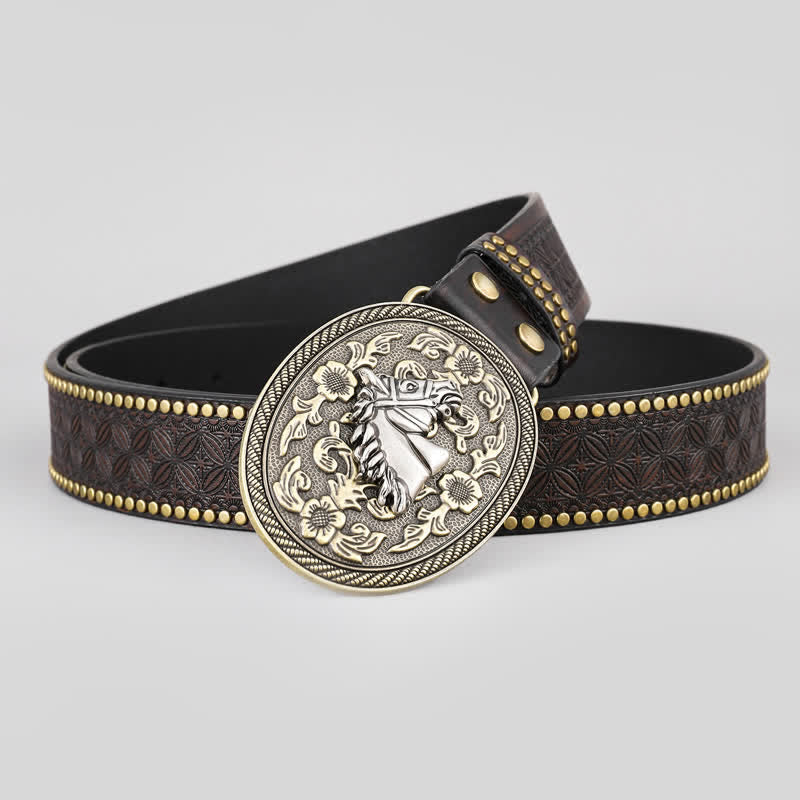 Men's Horse Head Relief Flower Detail Leather Belt