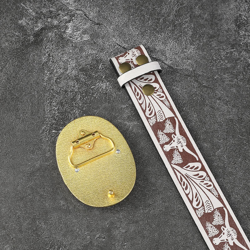 Men's Gold Bull Head Animal White Western Leather Belt