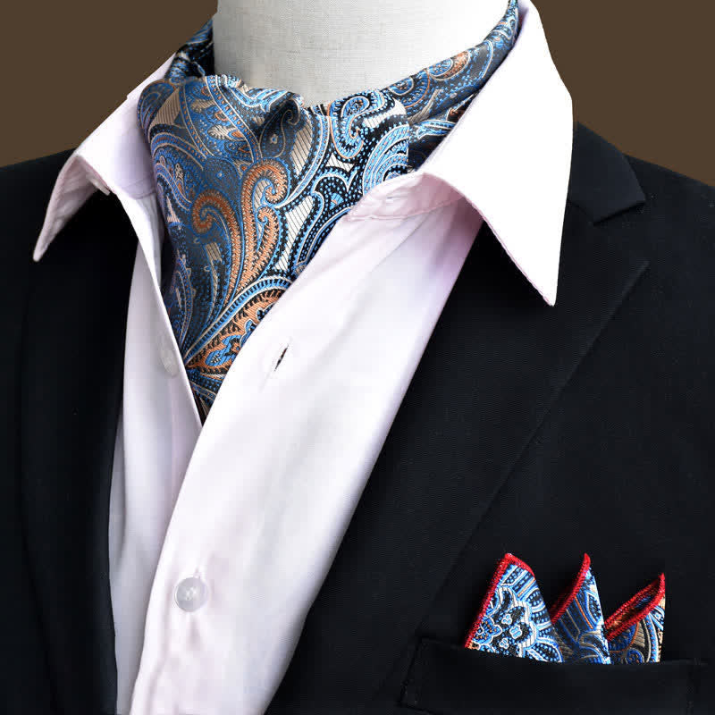 2Pcs SteelBlue Luxury Floral Paisley Pocket Square and Cravat Set