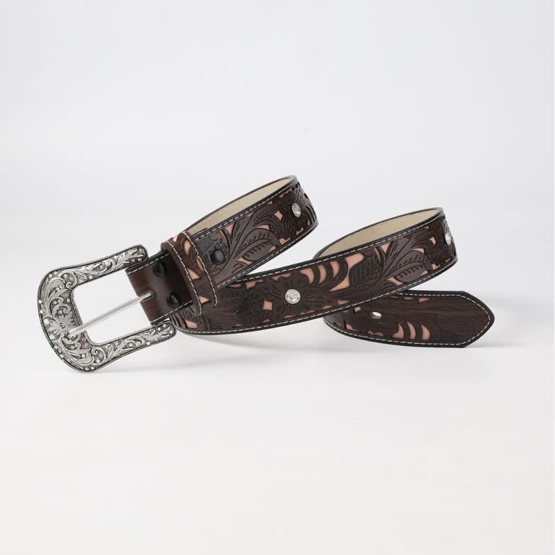 Women's Embossed Flower Rhinestone Coffee Leather Belt