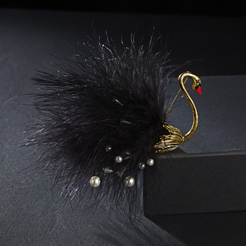 Women's Black / White Swan Plush Feather Brooch