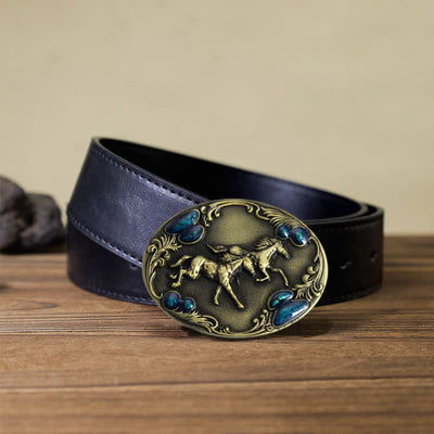 Men's DIY Running Horses Turquoise Bead Buckle Leather Belt