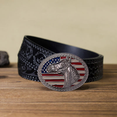 Men's DIY Horse Head American Flag Buckle Leather Belt