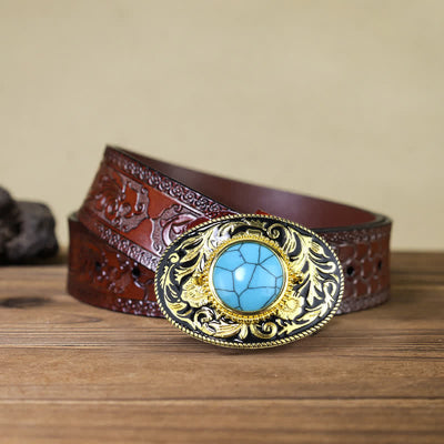Men's DIY Gold Tone Faux Turquoise Ruby Buckle Leather Belt