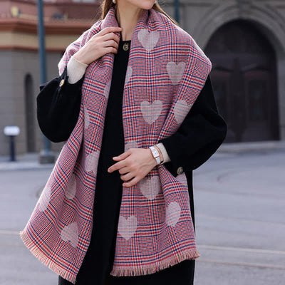 Women's Dual-sided Color Block Heart Plaid Scarf