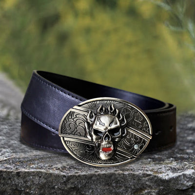 Men's DIY Flame Skull Hidden Folding Knife Leather Belt