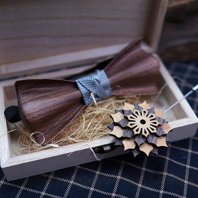 2Pcs Men's 3D Embossment Wooden Bow Tie Set