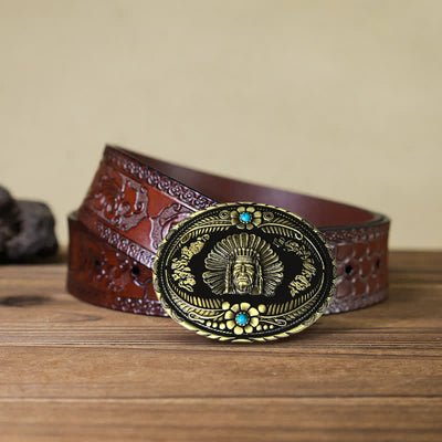 Men's DIY Indian Chief Turquoise Buckle Leather Belt