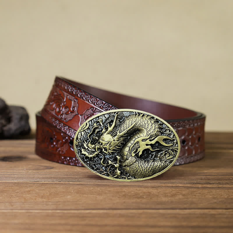 Men's DIY Large Fire Dragon Buckle Leather Belt