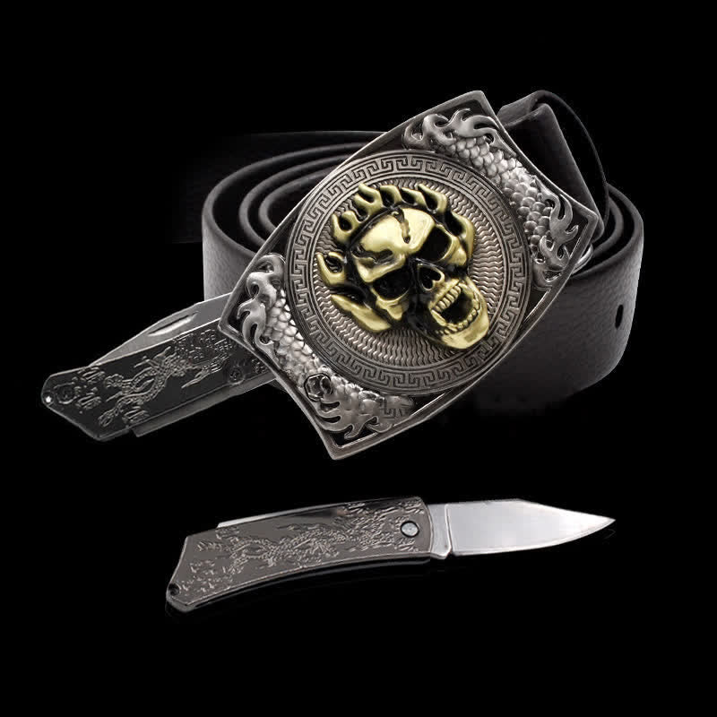Men's Flame Skull Leather Belt With Folding Knife