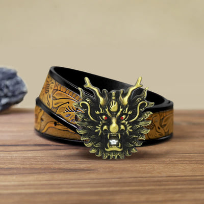 Men's DIY Fiery Dragon White Pearl Buckle Leather Belt