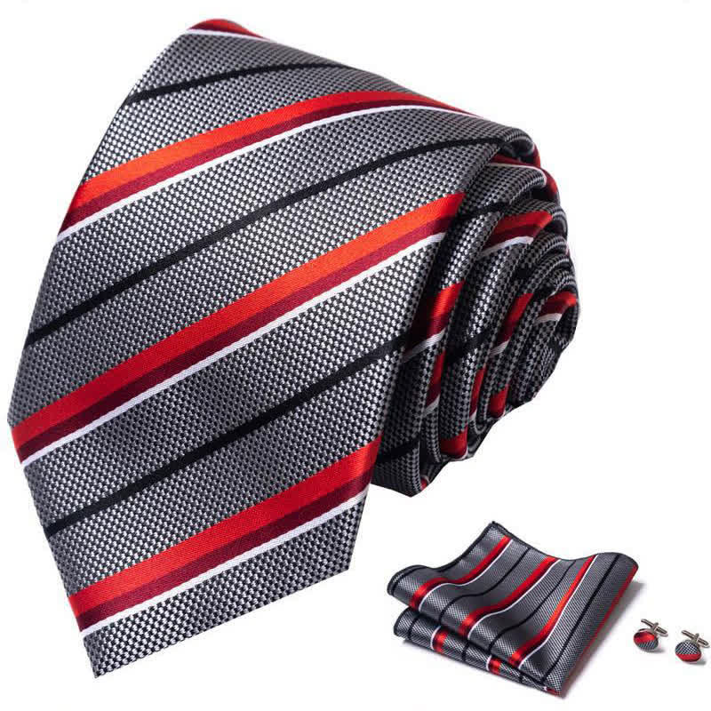 3Pcs Men's Gray & Red Striped Necktie Set