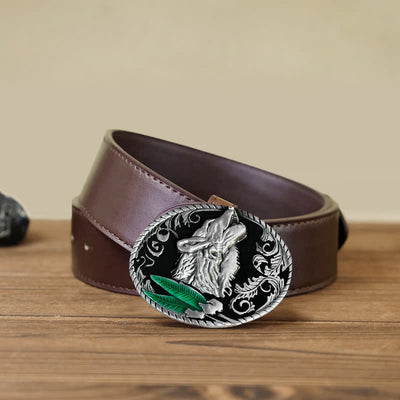 Men's DIY Howling Wolf Head Buckle Leather Belt