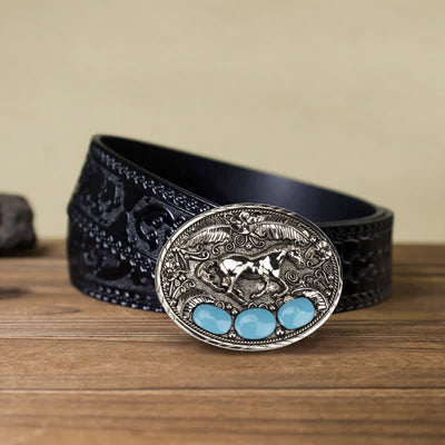 Men's DIY Horse Eagle Faux Turquoise Buckle Leather Belt