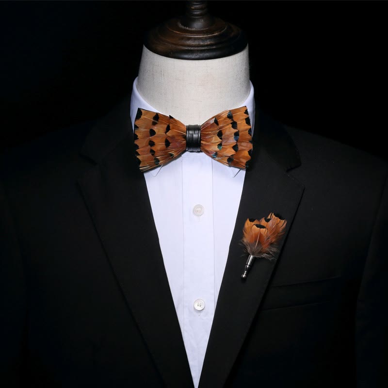 Tawny & Black Trim Feather Bow Tie with Lapel Pin