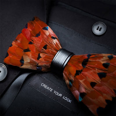 Vibrant Orange Finch Tail Feather Bow Tie with Lapel Pin