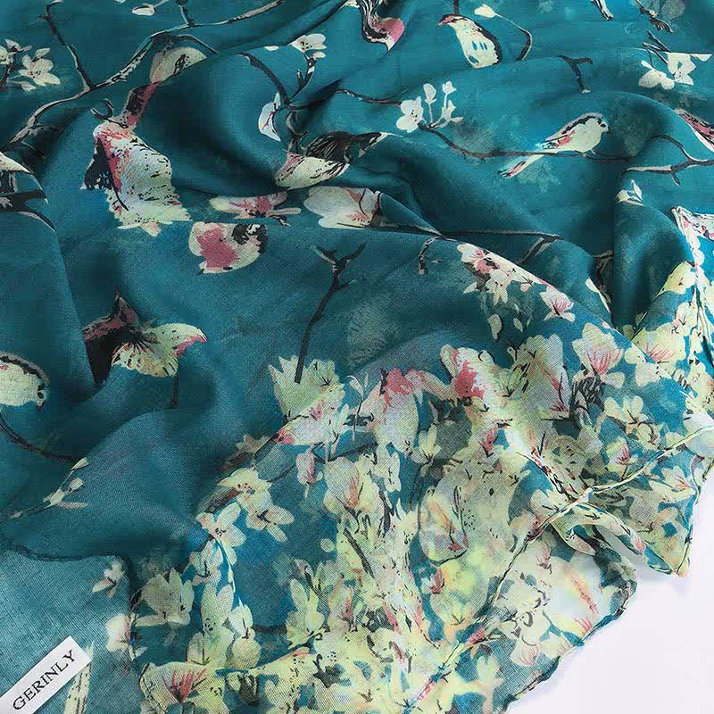 Women's Lightweight Blooming Floral Birds Scarf