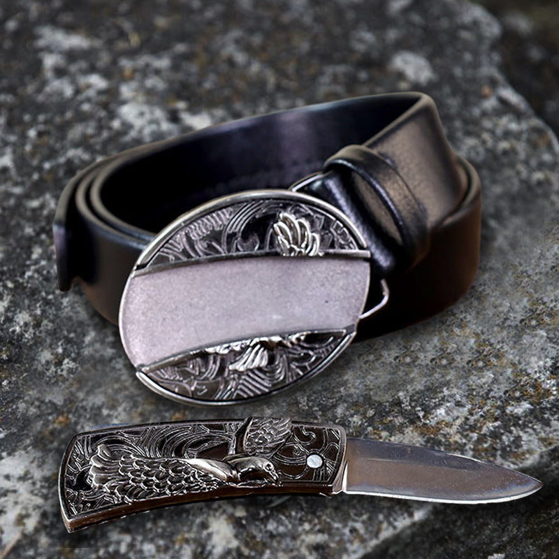 Men's Soaring Eagle Leather Belt With Folding Knife