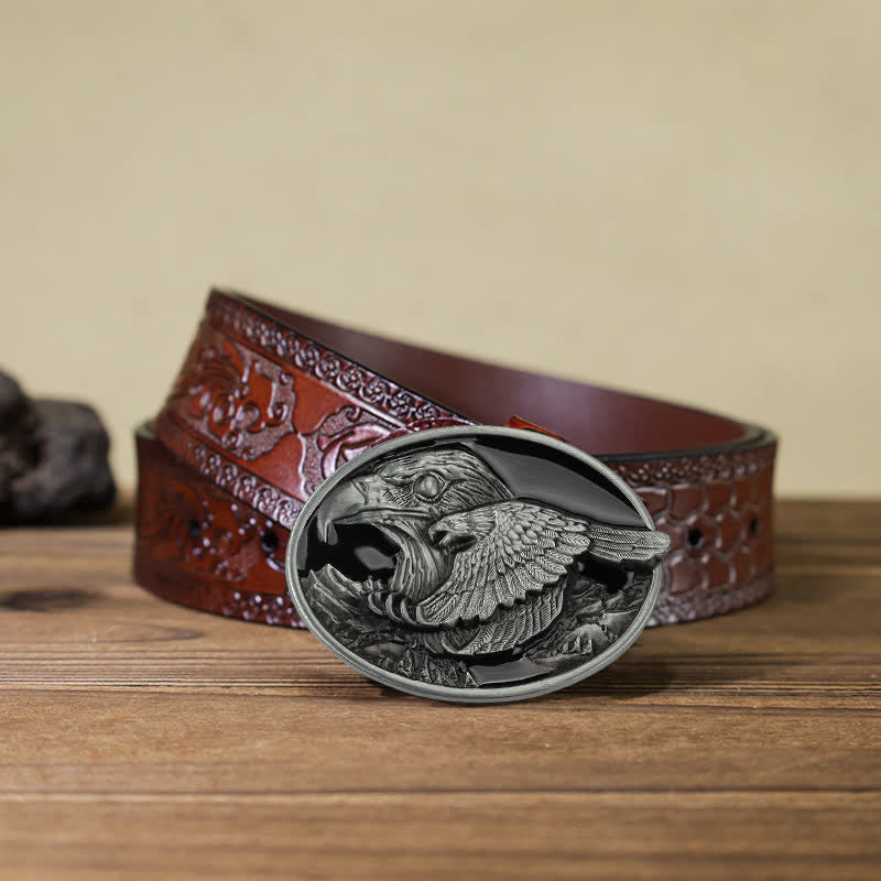 Men's DIY Double Eagle Embossed Buckle Leather Belt