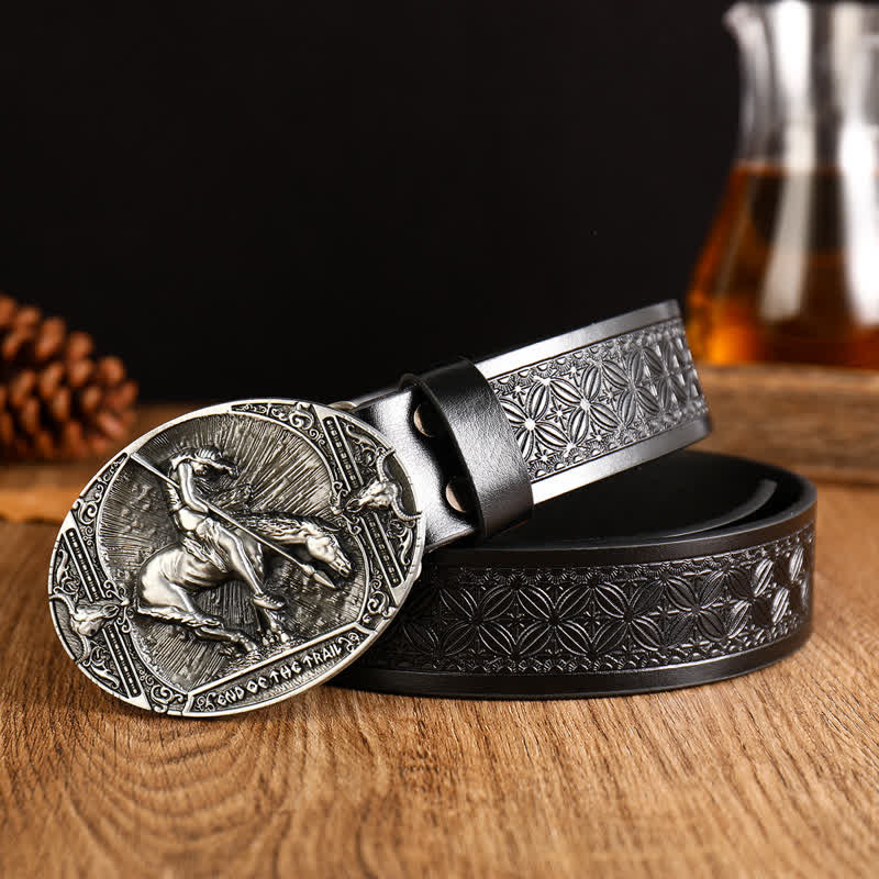 Men's Running Horse Geometric Buckle Leather Belt