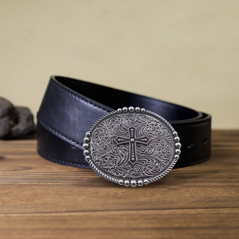 Men's DIY Western Scroll Cross Buckle Leather Belt