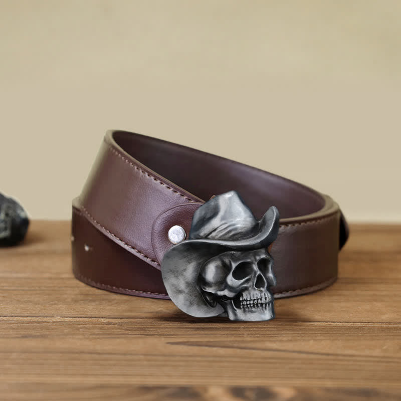 Men's DIY Creative Skull Head With Hat Buckle Leather Belt