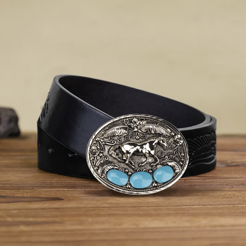 Men's DIY Horse Eagle Faux Turquoise Buckle Leather Belt