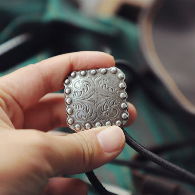 Simple Silver Carving Square Pendant Bolo Tie