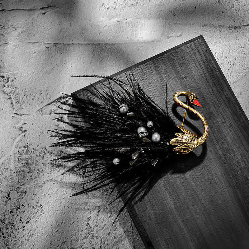 Women's Black / White Swan Plush Feather Brooch