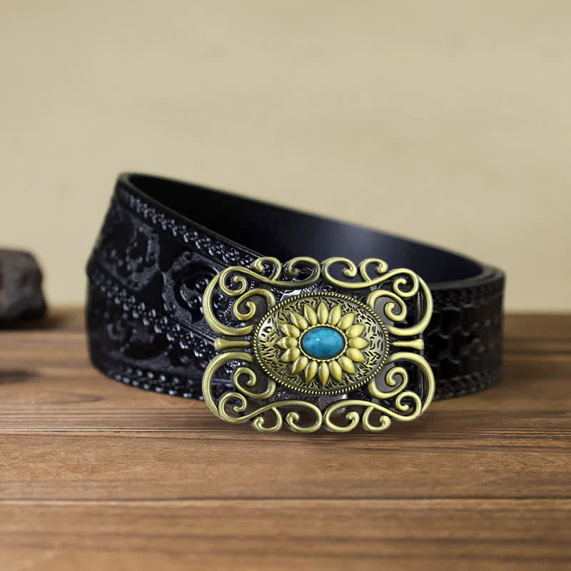 Men's DIY Antique Brass Turquoise Hollow Buckle Leather Belt