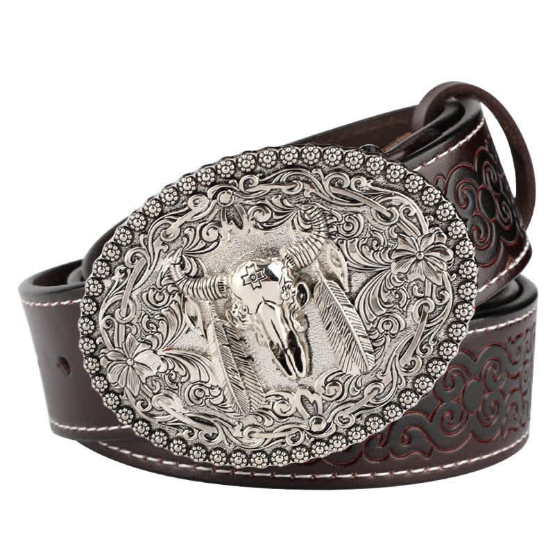 Men's Engarved Feather Bull Jeans Leather Belt