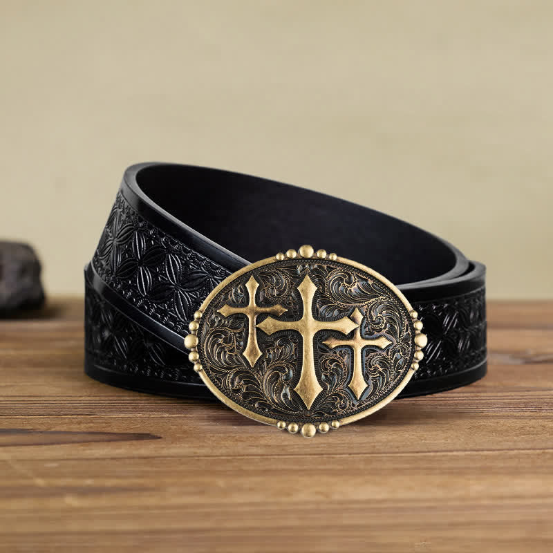 Men's DIY Three Crosses Attitude Buckle Leather Belt