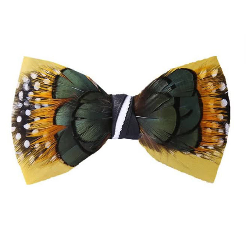 Exotic Canary Yellow & Green Feather Bow Tie with Lapel Pin