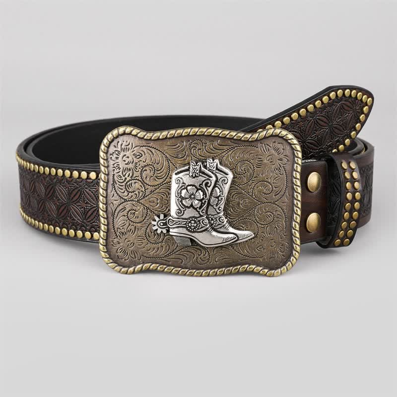 Men's Cowboy Boots Geometric Buckle Leather Belt