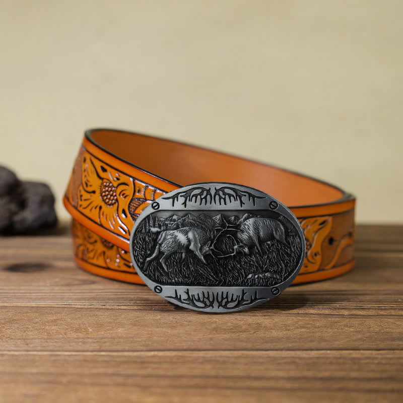 Men's DIY Wild Fighting Deer Buckle Western Leather Belt